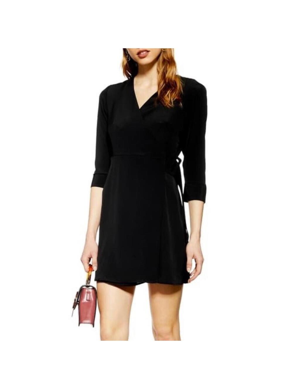 Topshop NWT Black Wrap Mini Dress Tie Waist Long Sleeve Belted Size 6